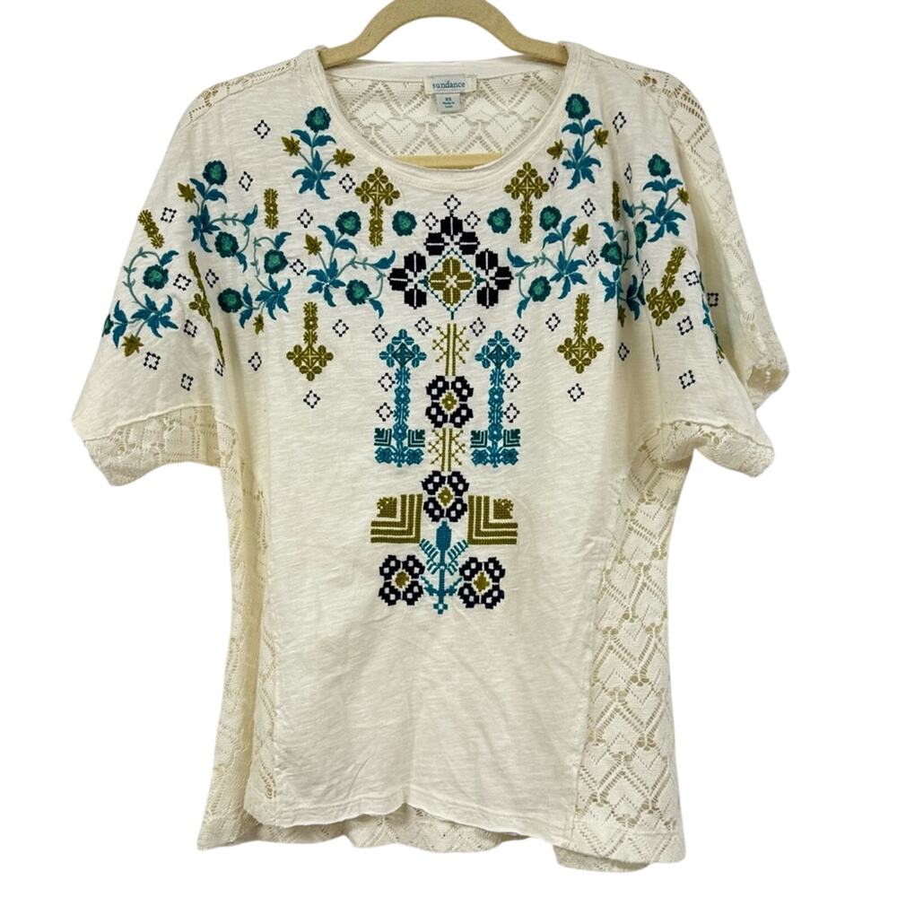 Sundance Boho Cream Floral Embroidered Crochet Short Sleeve Blouse Womens XS